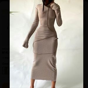 Long sleeve, hooded bodycon maxi dress.  Tan 2XL. See pics 4 measurements